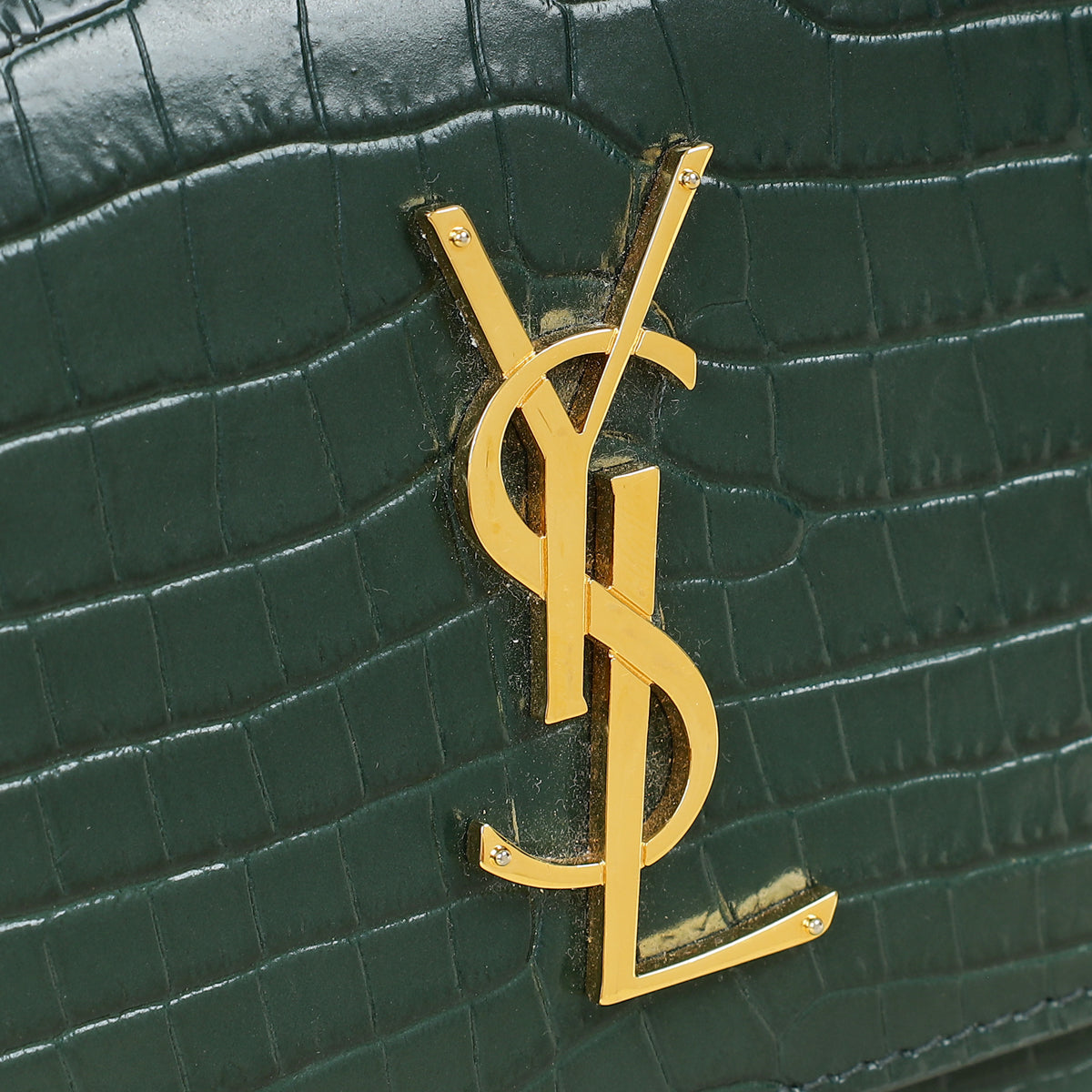 YSL Green Croco Embossed Sunset Wallet on Chain