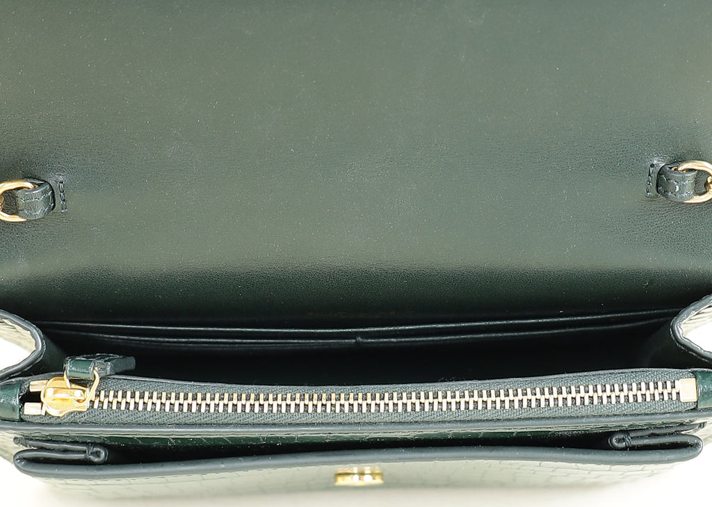 YSL Green Croco Embossed Sunset Wallet on Chain