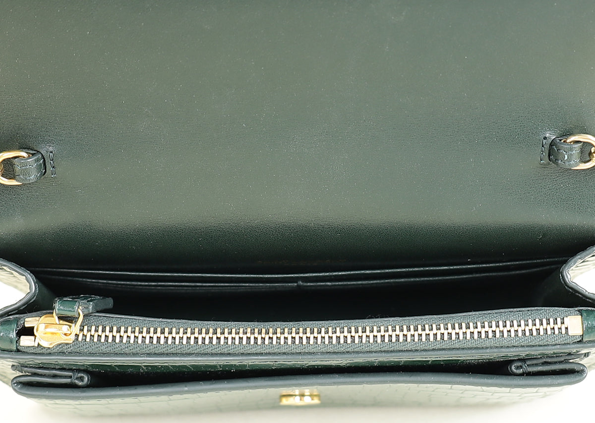 YSL Green Croco Embossed Sunset Wallet on Chain