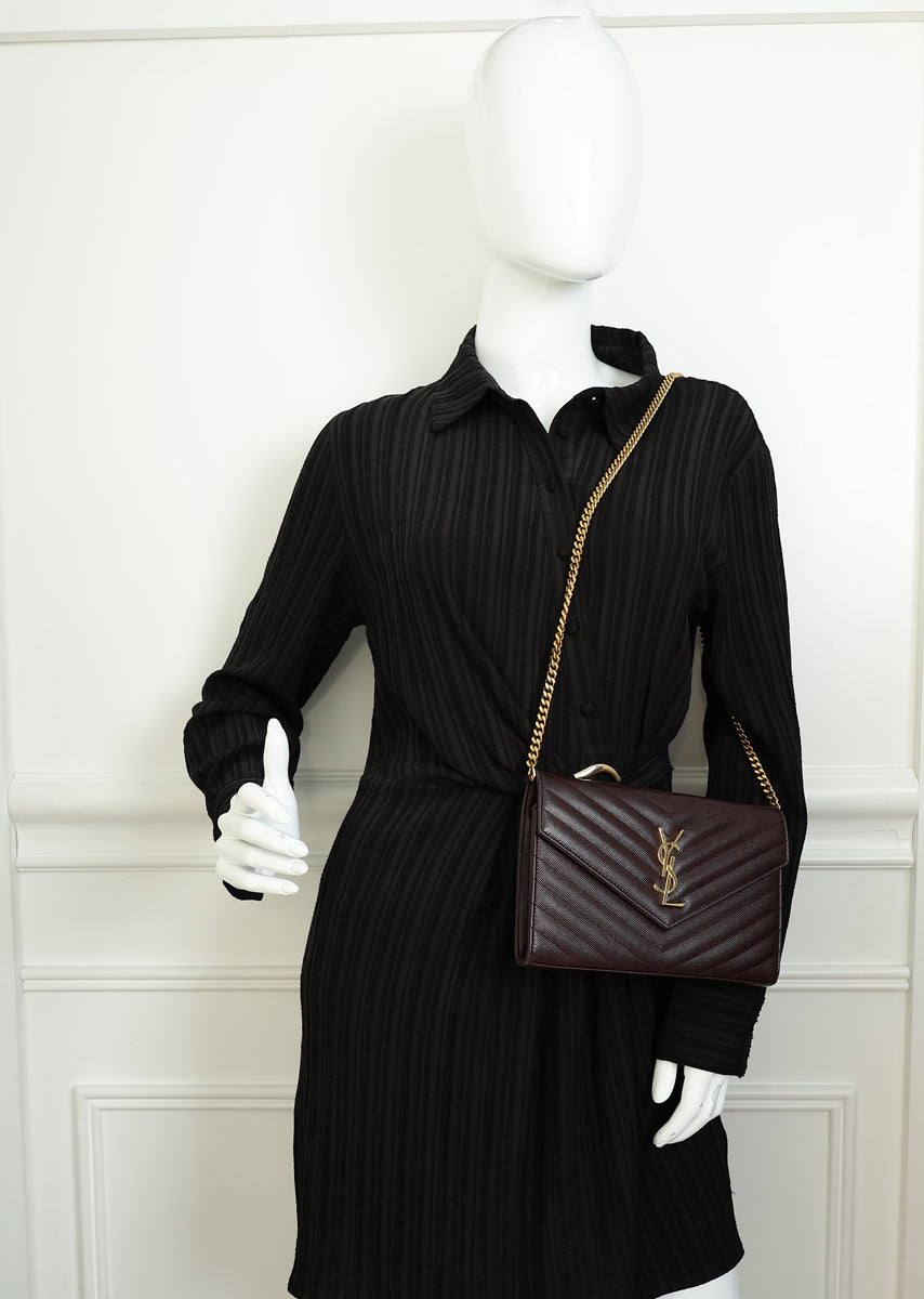 YSL Burgundy Cassandre Chevron Wallet On Chain