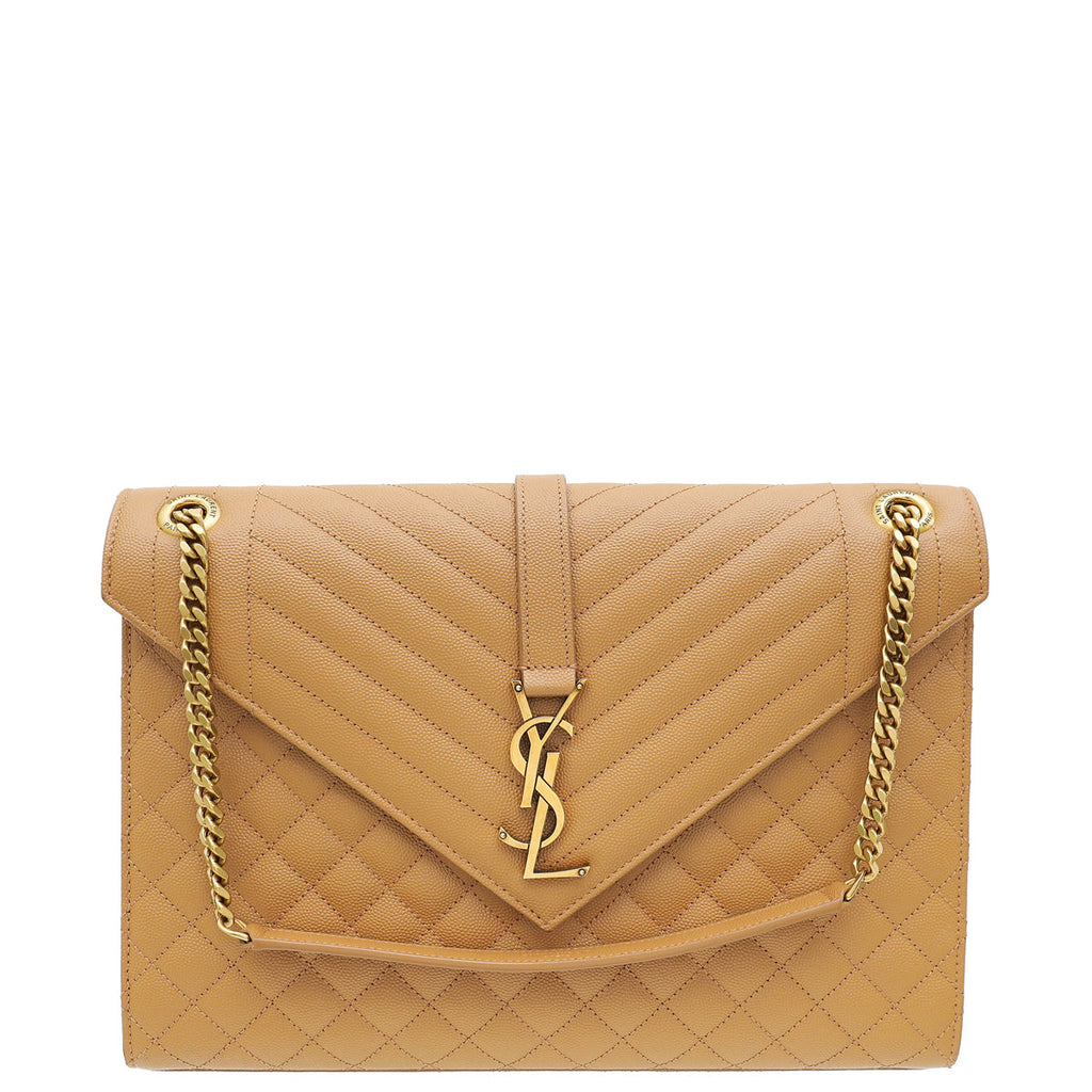 YSL Tan Monogram Mix Quilted Envelope Shoulder Large Bag
