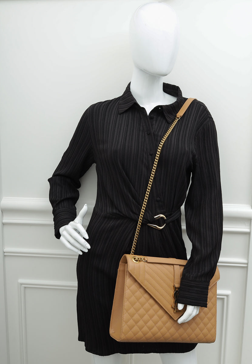 YSL Tan Monogram Mix Quilted Envelope Shoulder Large Bag