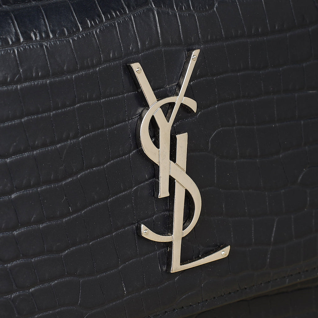 YSL Dark Blue Croco Embossed Sunset Chain Shoulder Bag