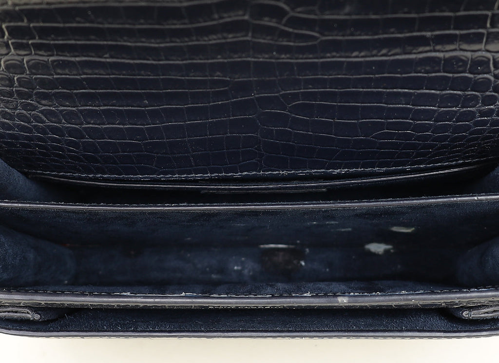 YSL Dark Blue Croco Embossed Sunset Chain Shoulder Bag