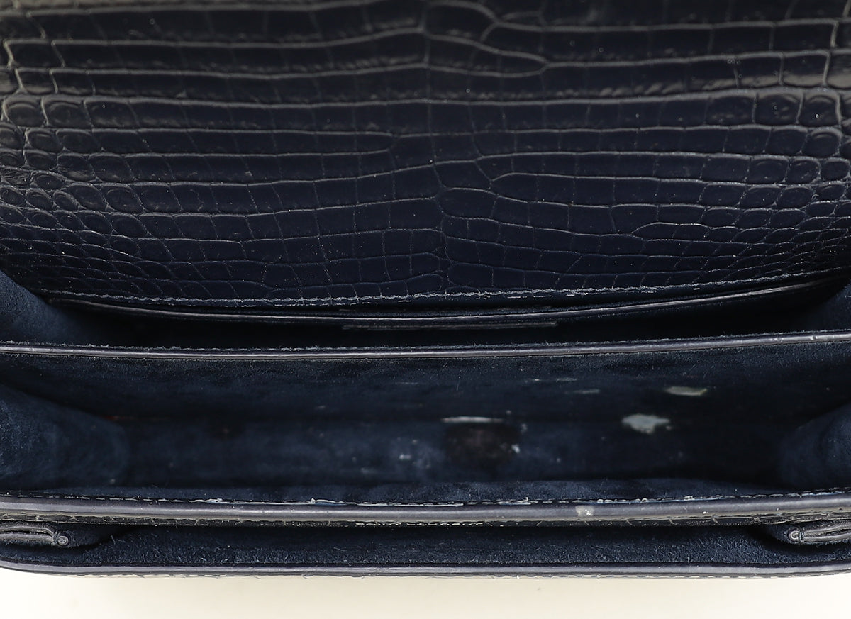 YSL Dark Blue Croco Embossed Sunset Chain Shoulder Bag