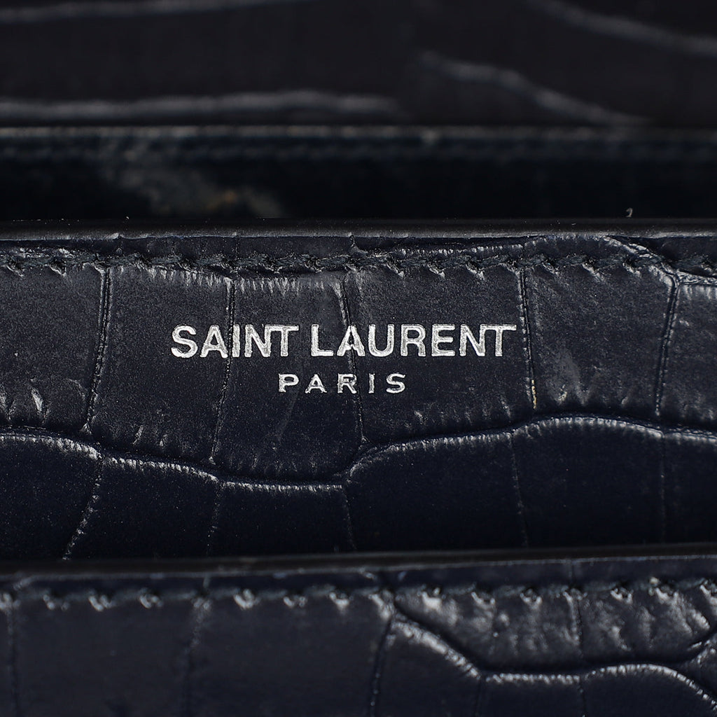 YSL Dark Blue Croco Embossed Sunset Chain Shoulder Bag