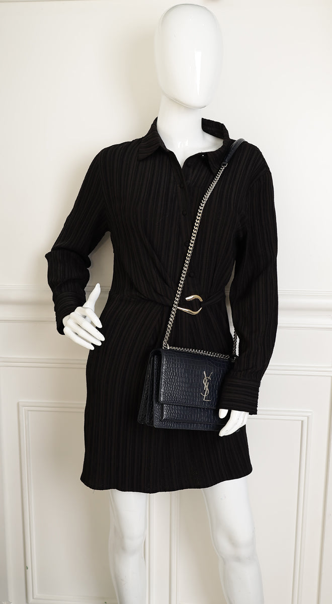 YSL Dark Blue Croco Embossed Sunset Chain Shoulder Bag