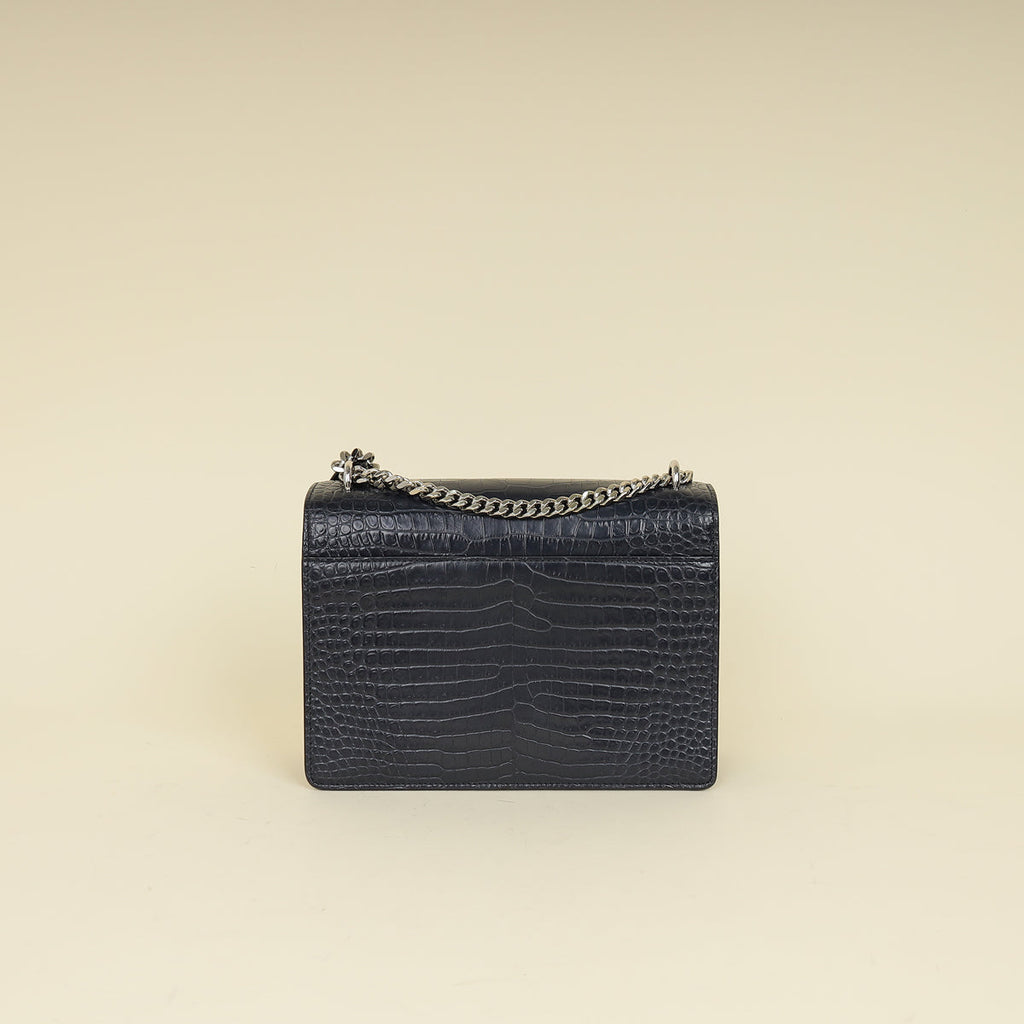 YSL Dark Blue Croco Embossed Sunset Chain Shoulder Bag
