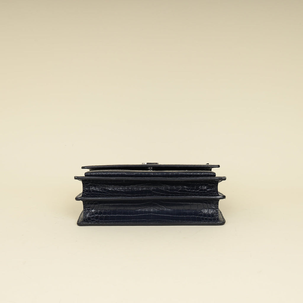 YSL Dark Blue Croco Embossed Sunset Chain Shoulder Bag