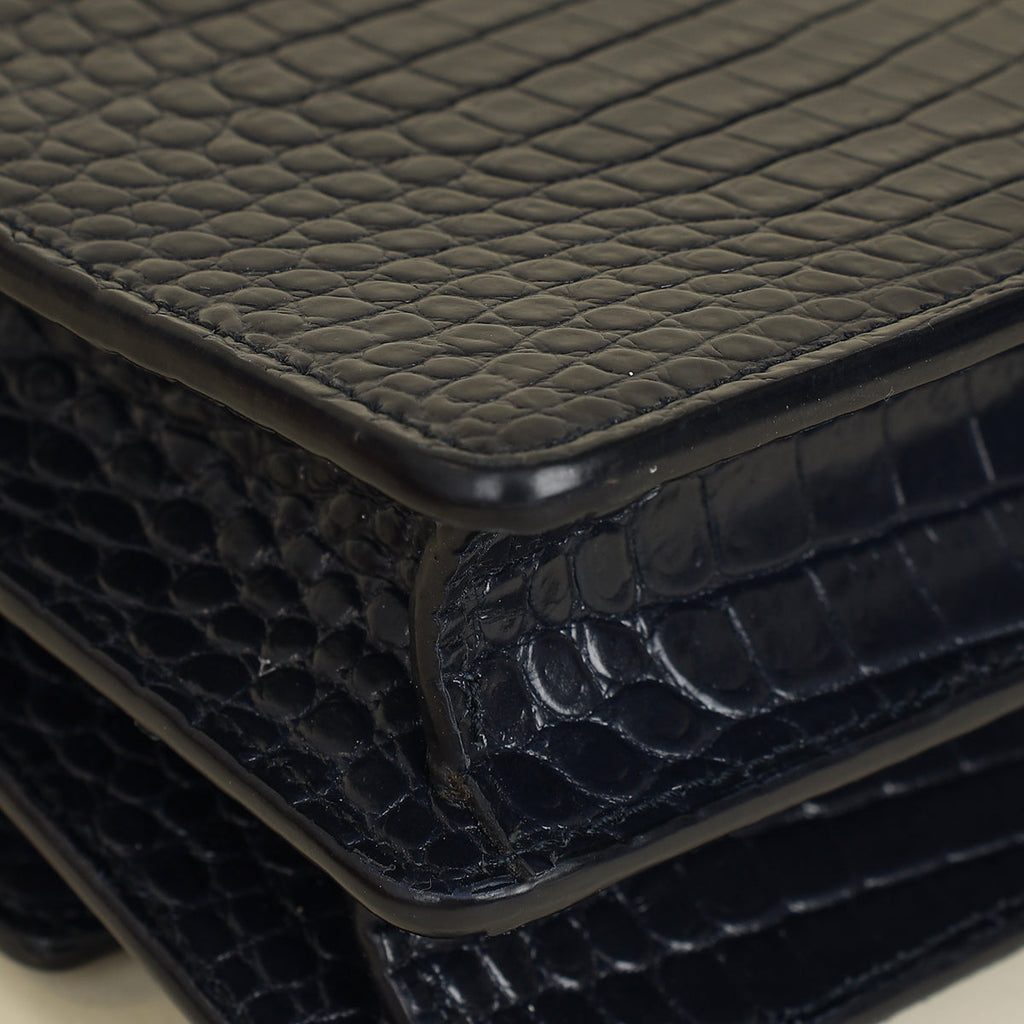 YSL Dark Blue Croco Embossed Sunset Chain Shoulder Bag