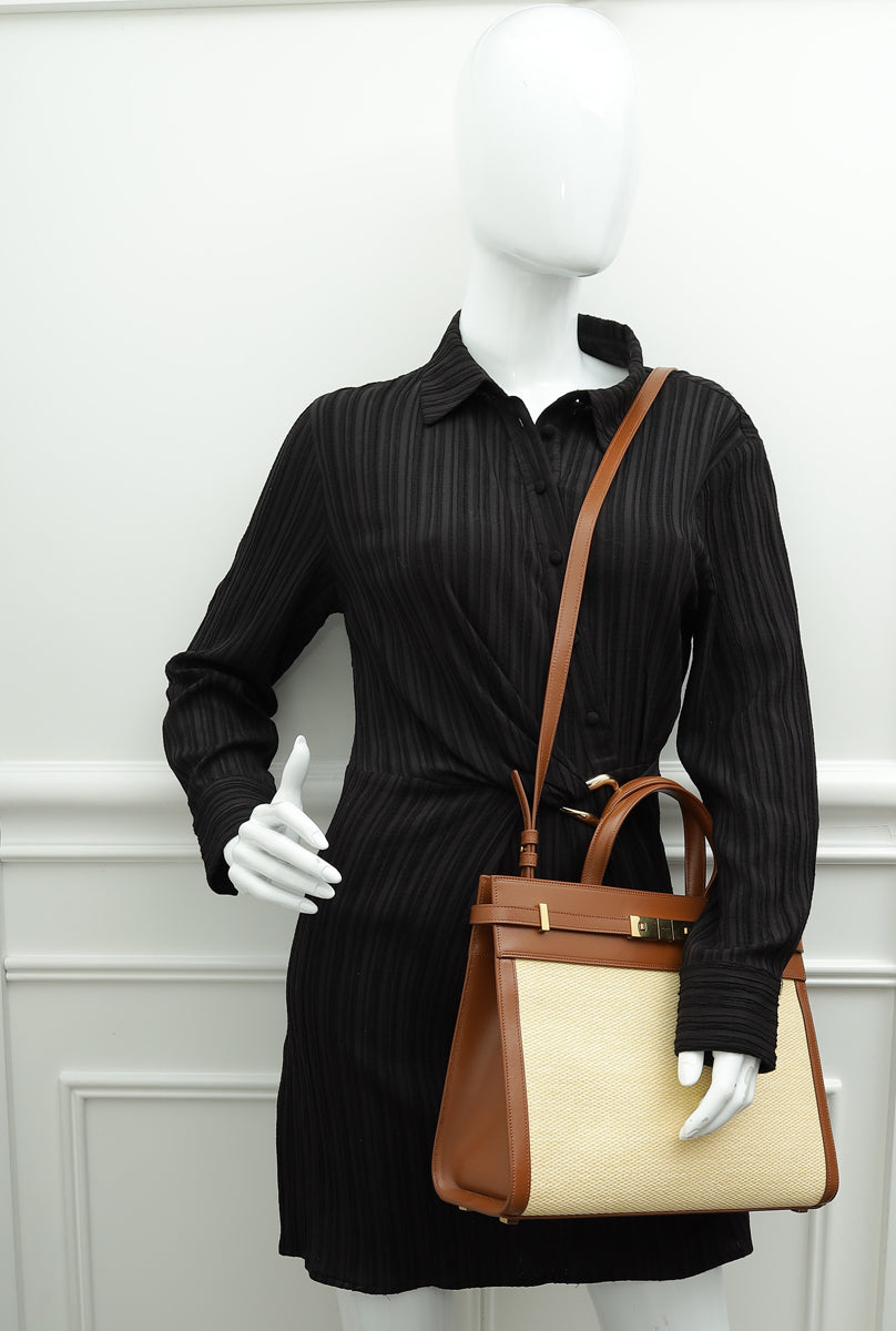 YSL Bicolor Manhattan Raffia Top Handle Tote Bag