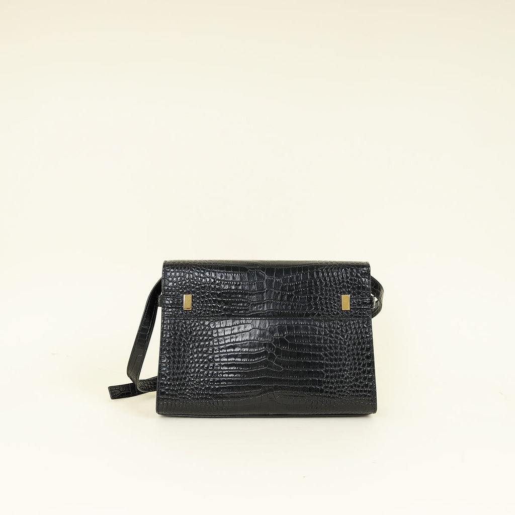 YSL Black Croco Embossed Manhattan Medium Shoulder Bag