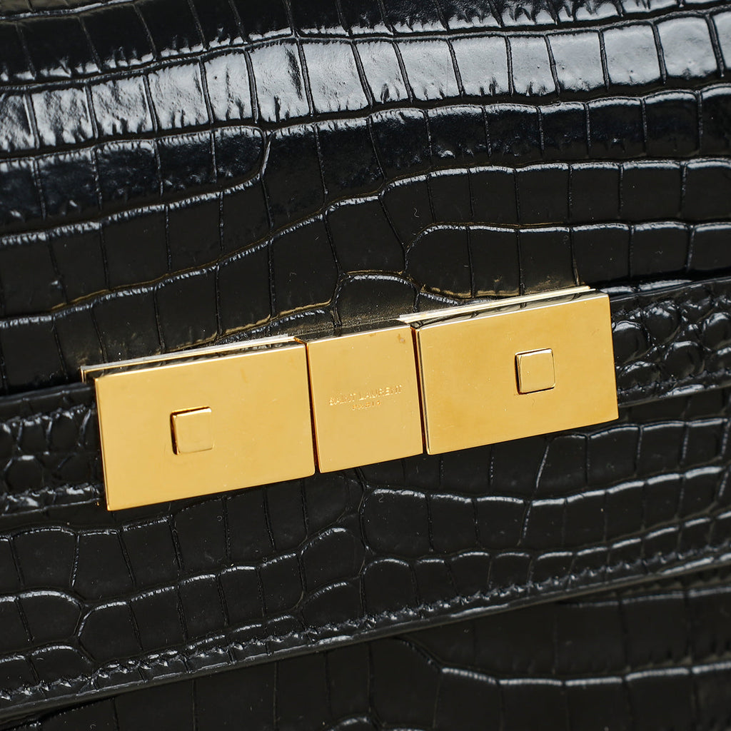 YSL Black Croco Embossed Manhattan Medium Shoulder Bag