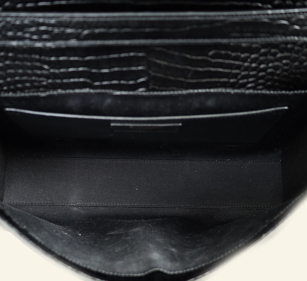 YSL Black Croco Embossed Manhattan Medium Shoulder Bag