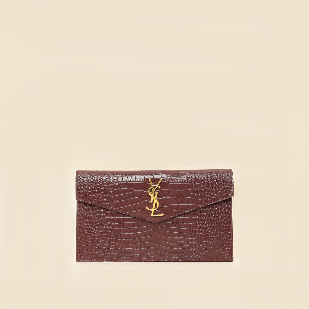 YSL Burgundy Crocodile Embossed Uptown Pouch