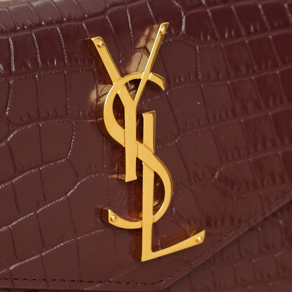 YSL Burgundy Crocodile Embossed Uptown Pouch