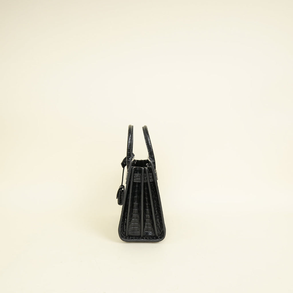 YSL Black Sac De Jour Croco Embossed Nano Bag
