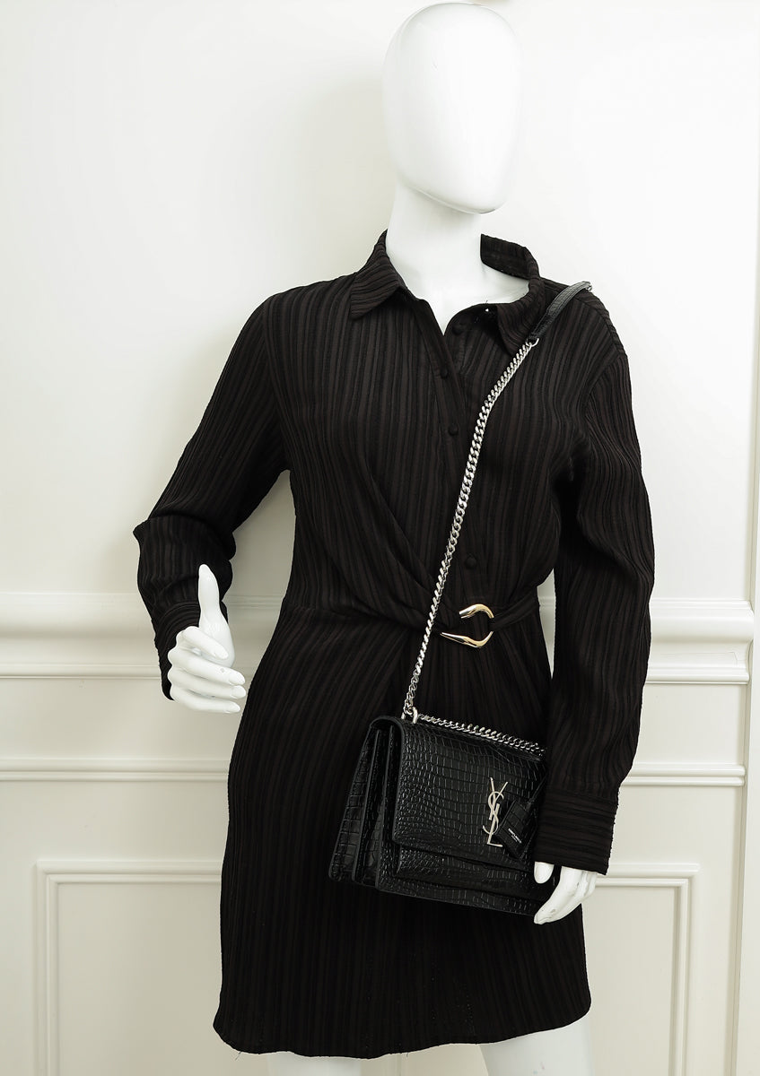 YSL Black Croco Embossed Sunset Medium Bag