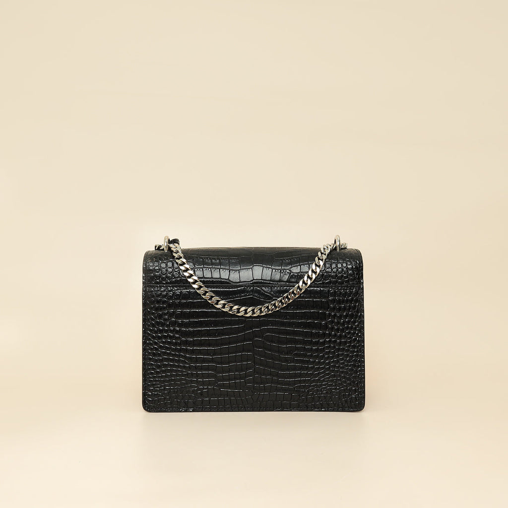 YSL Black Croco Embossed Sunset Medium Bag