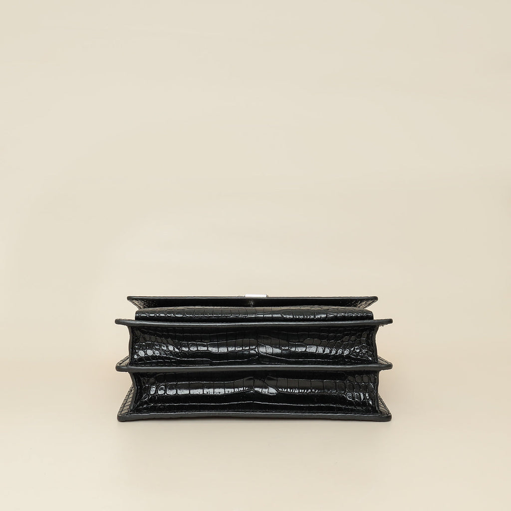 YSL Black Croco Embossed Sunset Medium Bag