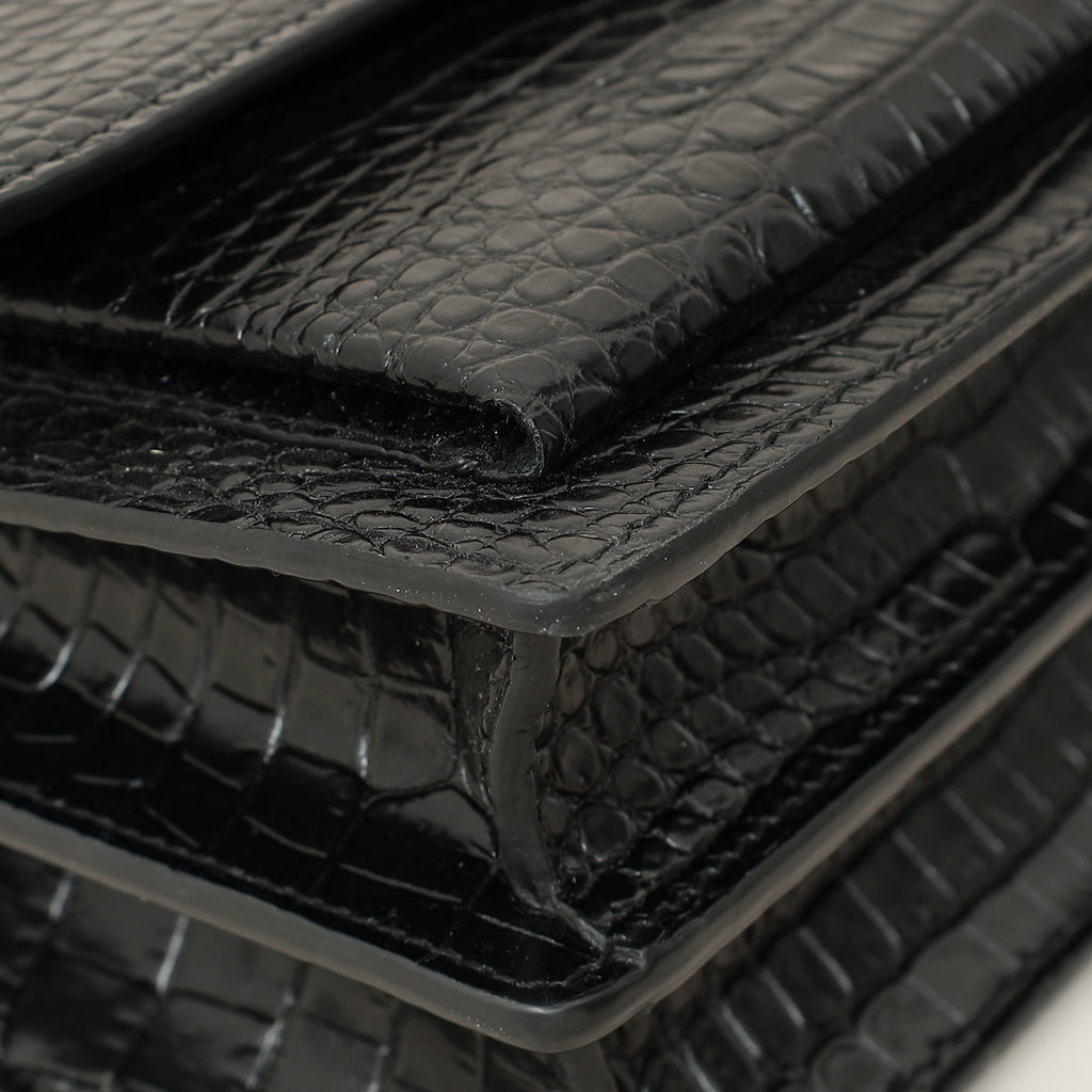 YSL Black Croco Embossed Sunset Medium Bag