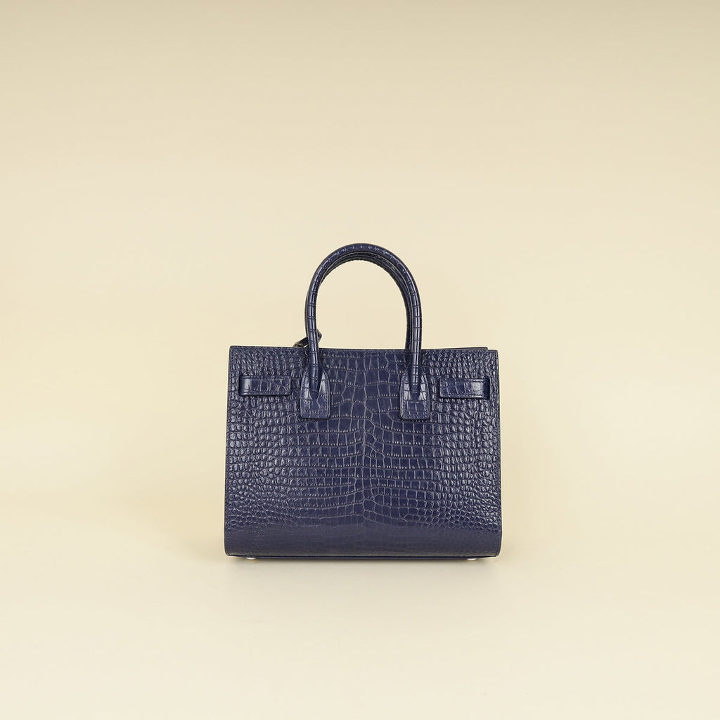YSL Navy Blue Croco Embossed Sac De Jour Baby Bag