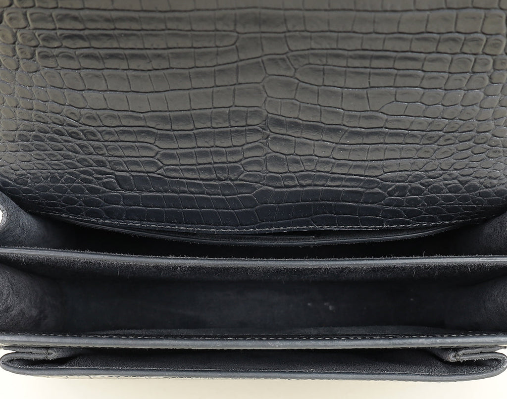 YSL Dark Grey Sunset Croc Embossed Medium Shoulder Bag