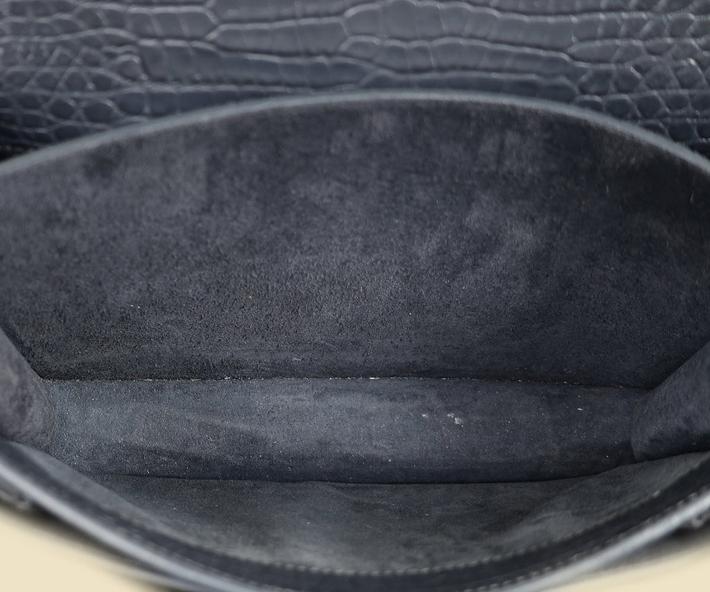 YSL Dark Grey Sunset Croc Embossed Medium Shoulder Bag