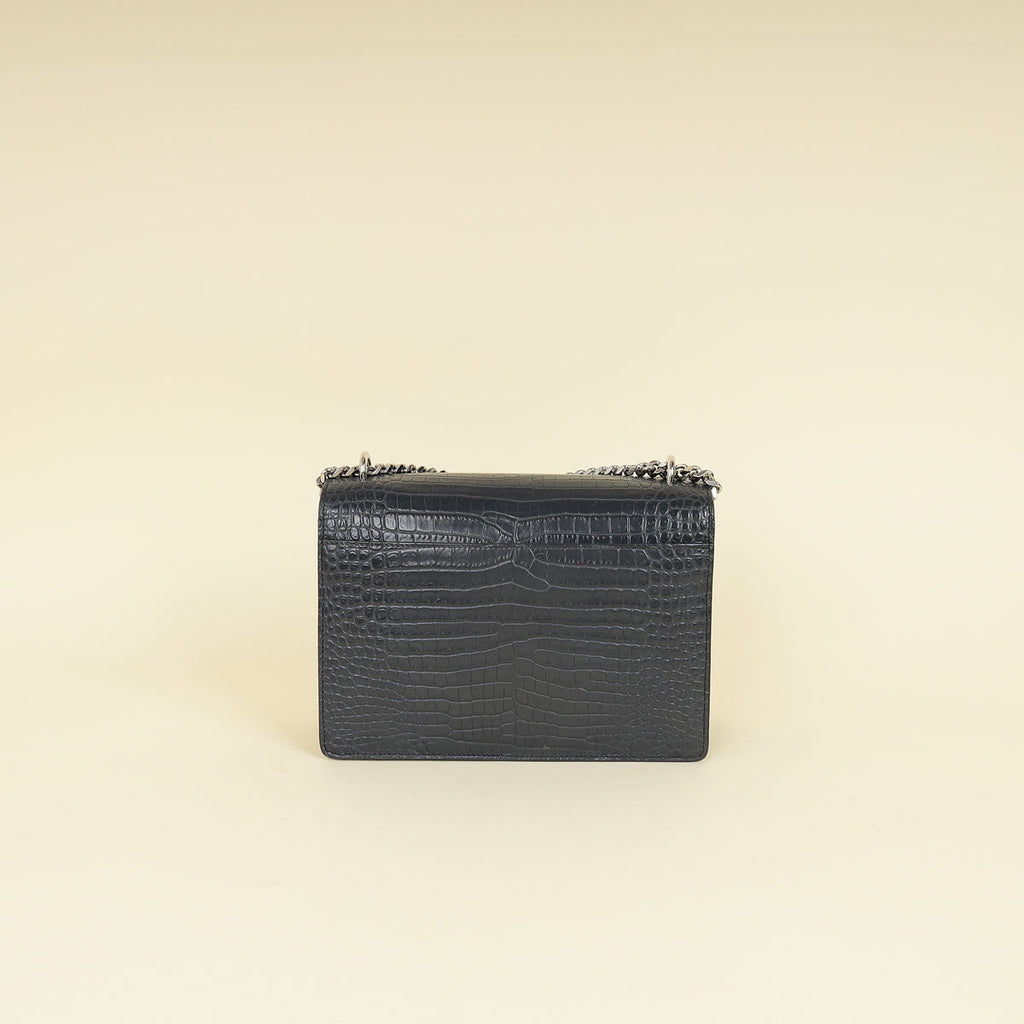 YSL Dark Grey Sunset Croc Embossed Medium Shoulder Bag