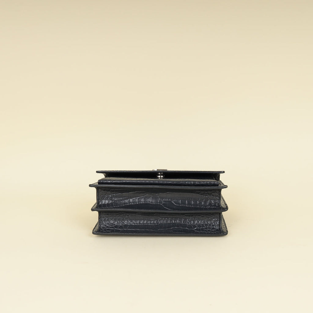 YSL Dark Grey Sunset Croc Embossed Medium Shoulder Bag