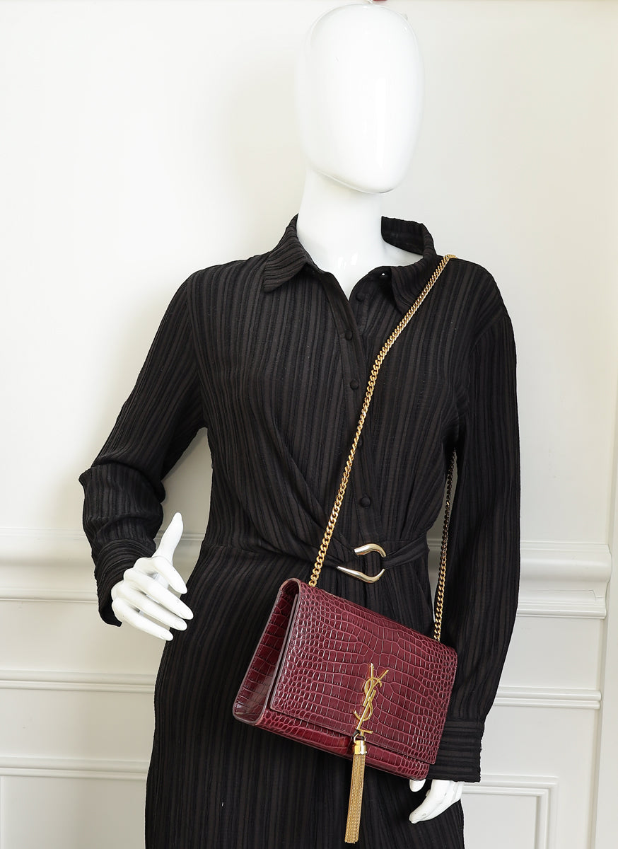 YSL Burgundy Croco Embossed Kate Tassel Medium Chain Bag