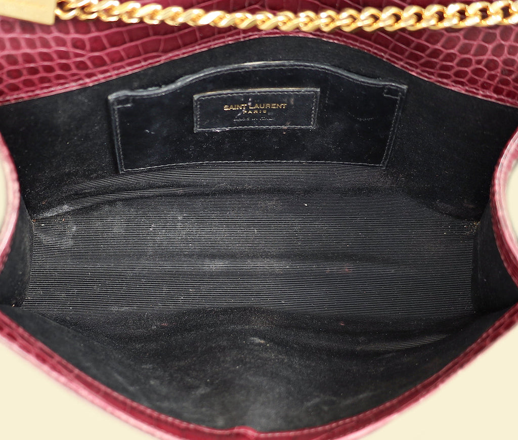 YSL Burgundy Croco Embossed Kate Tassel Medium Chain Bag