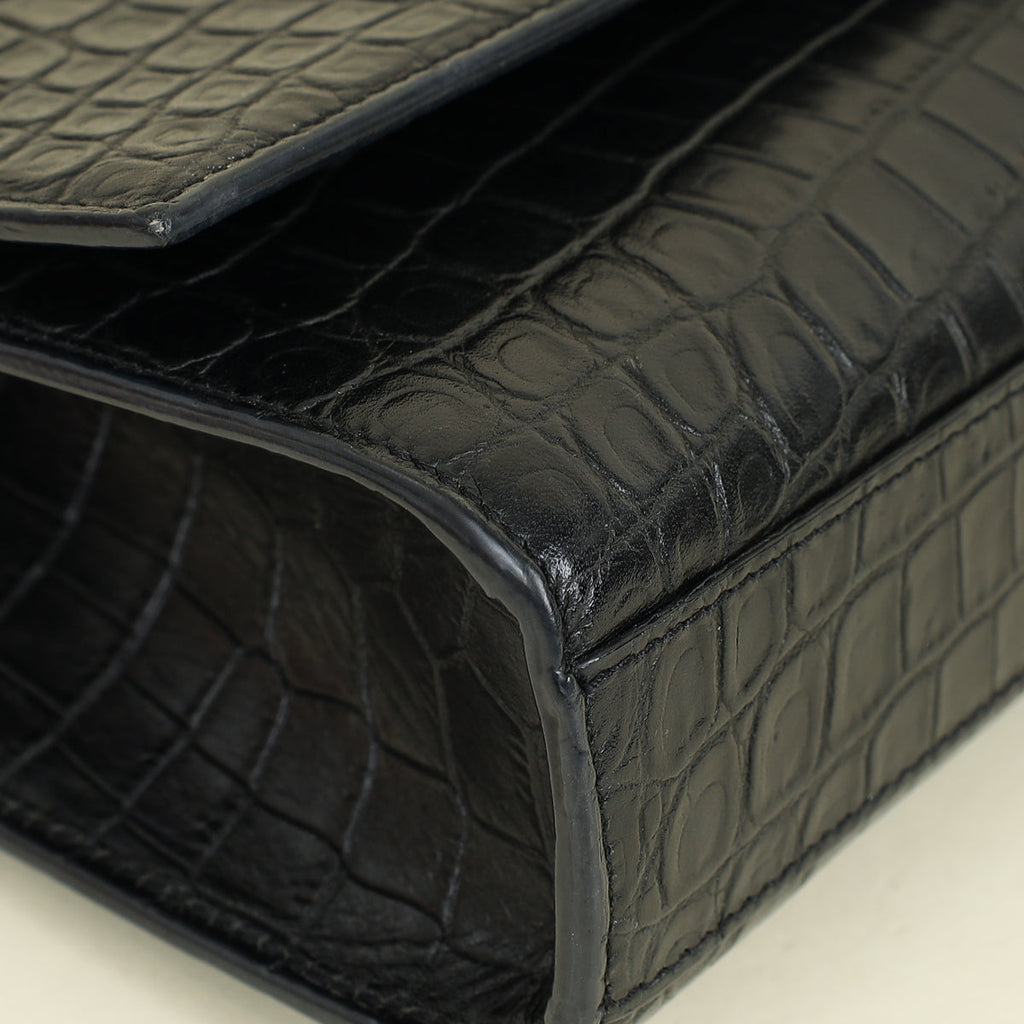 YSL Black Croco Embossed Kate Flap Large Bag