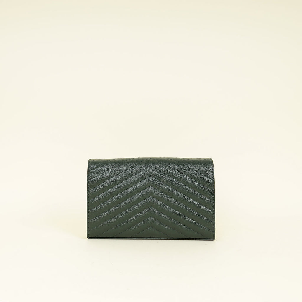 YSL Forest Green Cassandre Chevron Chain Wallet