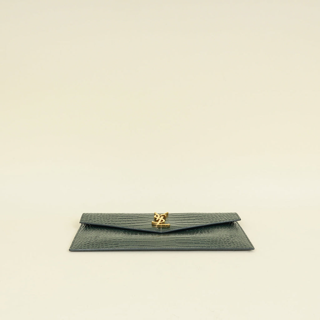 YSL Mint Green Uptown Croco Embossed Pouch