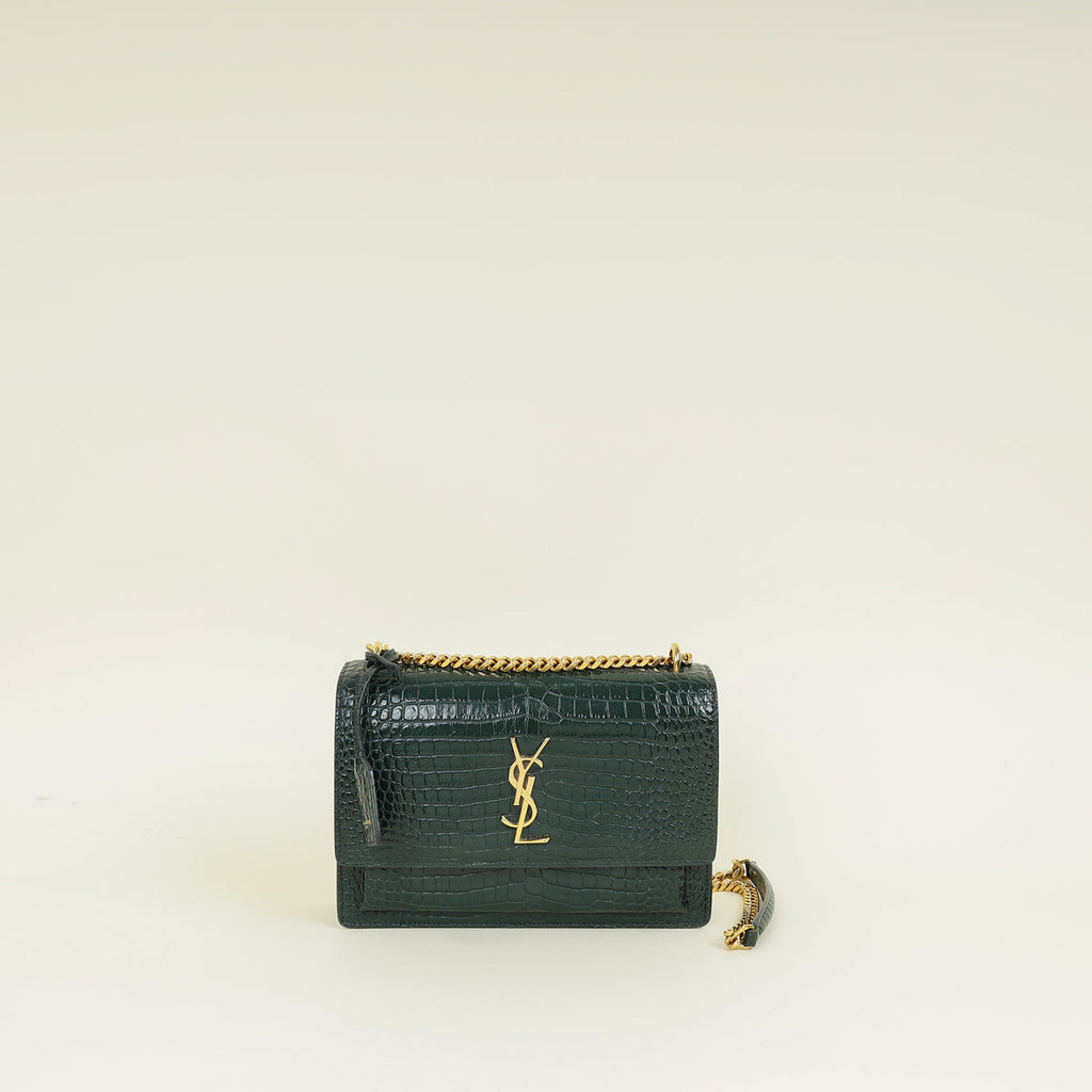 YSL Dark Green Sunset Croco Embossed Medium Shoulder Bag