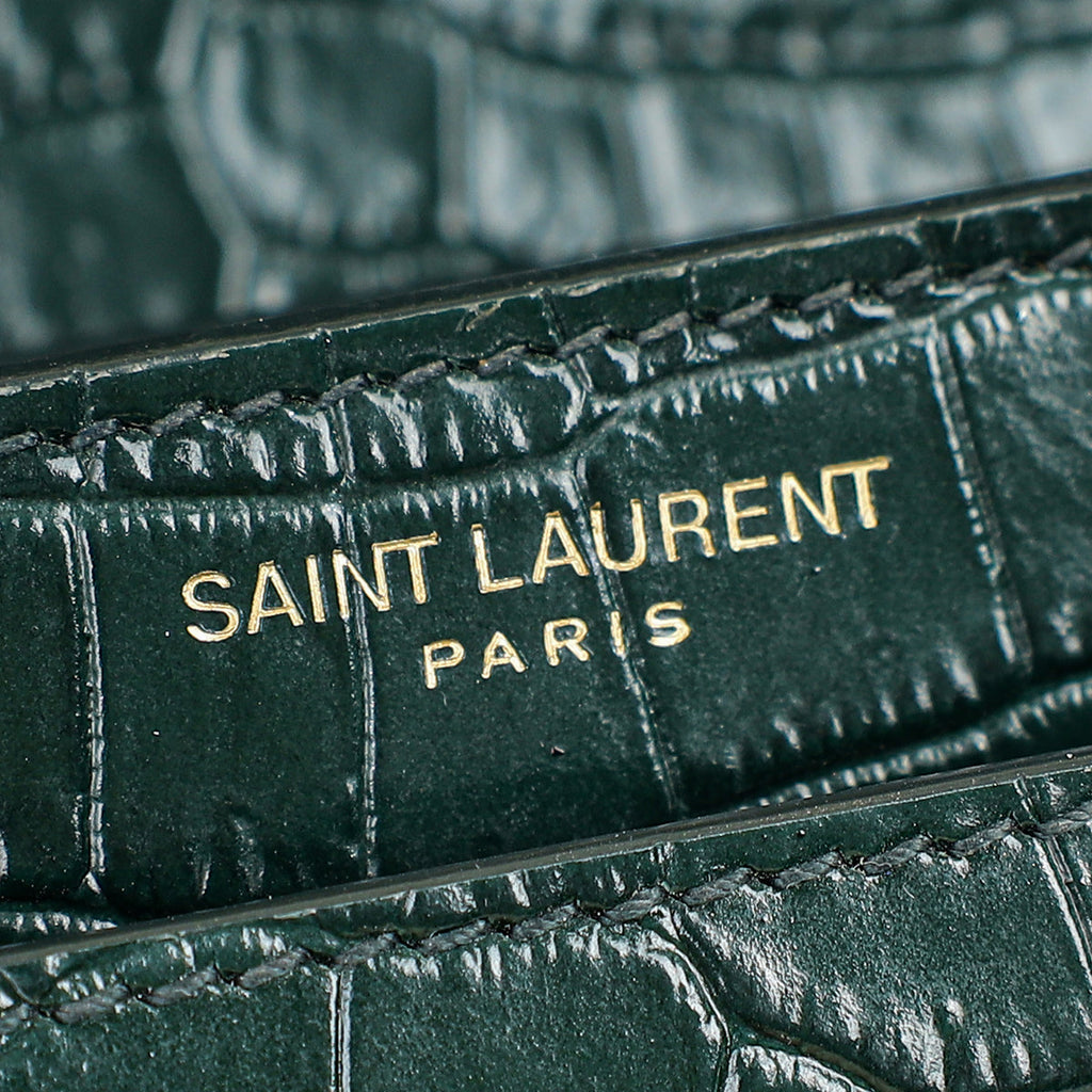 YSL Dark Green Sunset Croco Embossed Medium Shoulder Bag