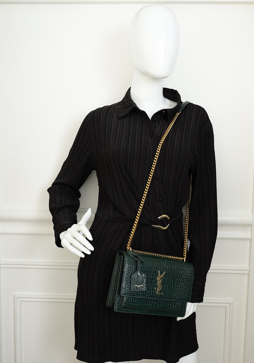 YSL Dark Green Sunset Croco Embossed Medium Shoulder Bag