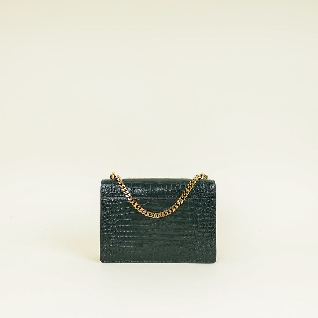YSL Dark Green Sunset Croco Embossed Medium Shoulder Bag