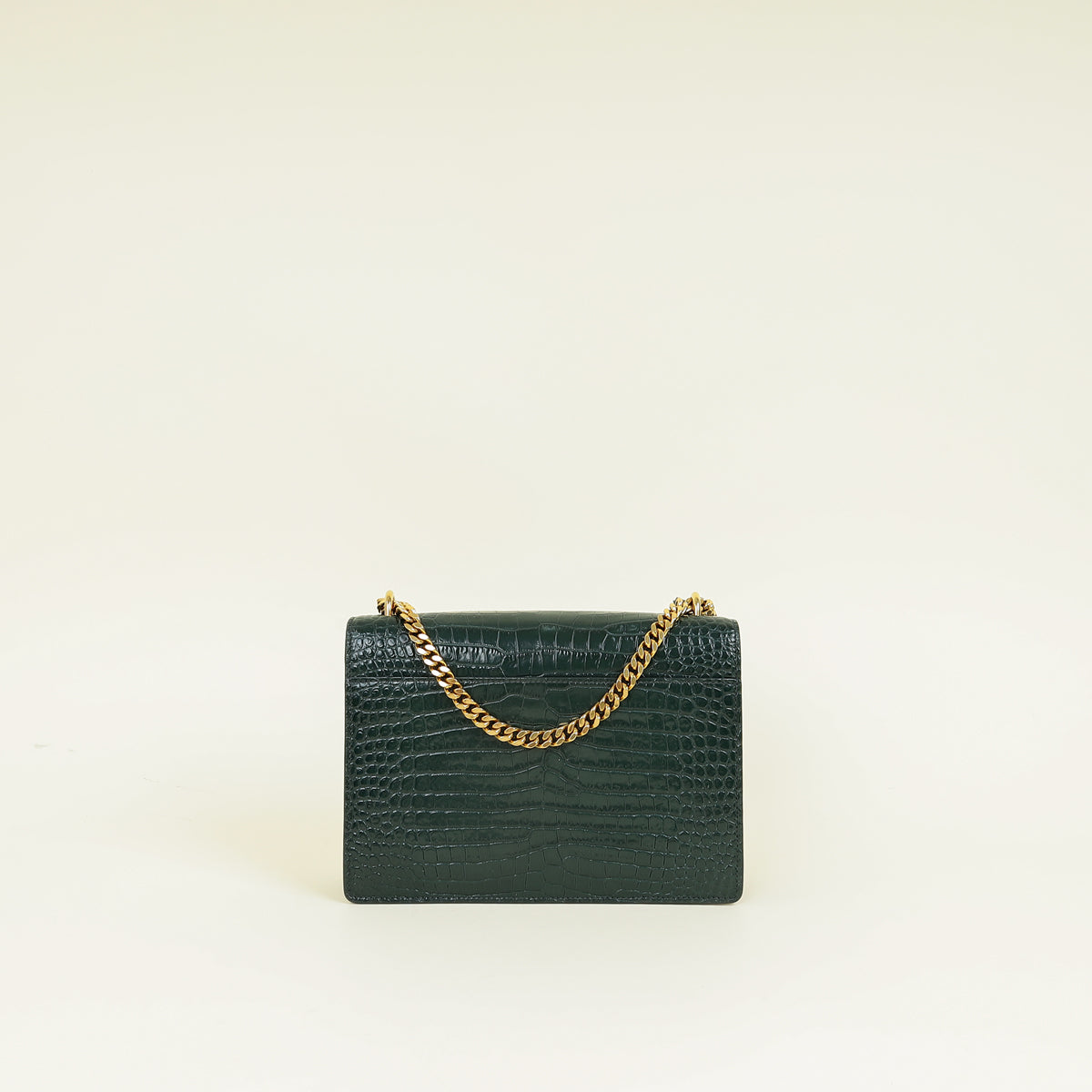 YSL Dark Green Sunset Croco Embossed Medium Shoulder Bag
