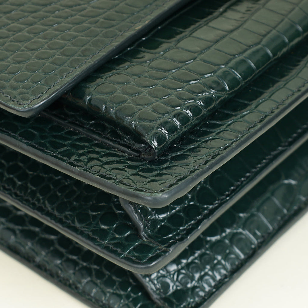YSL Dark Green Sunset Croco Embossed Medium Shoulder Bag