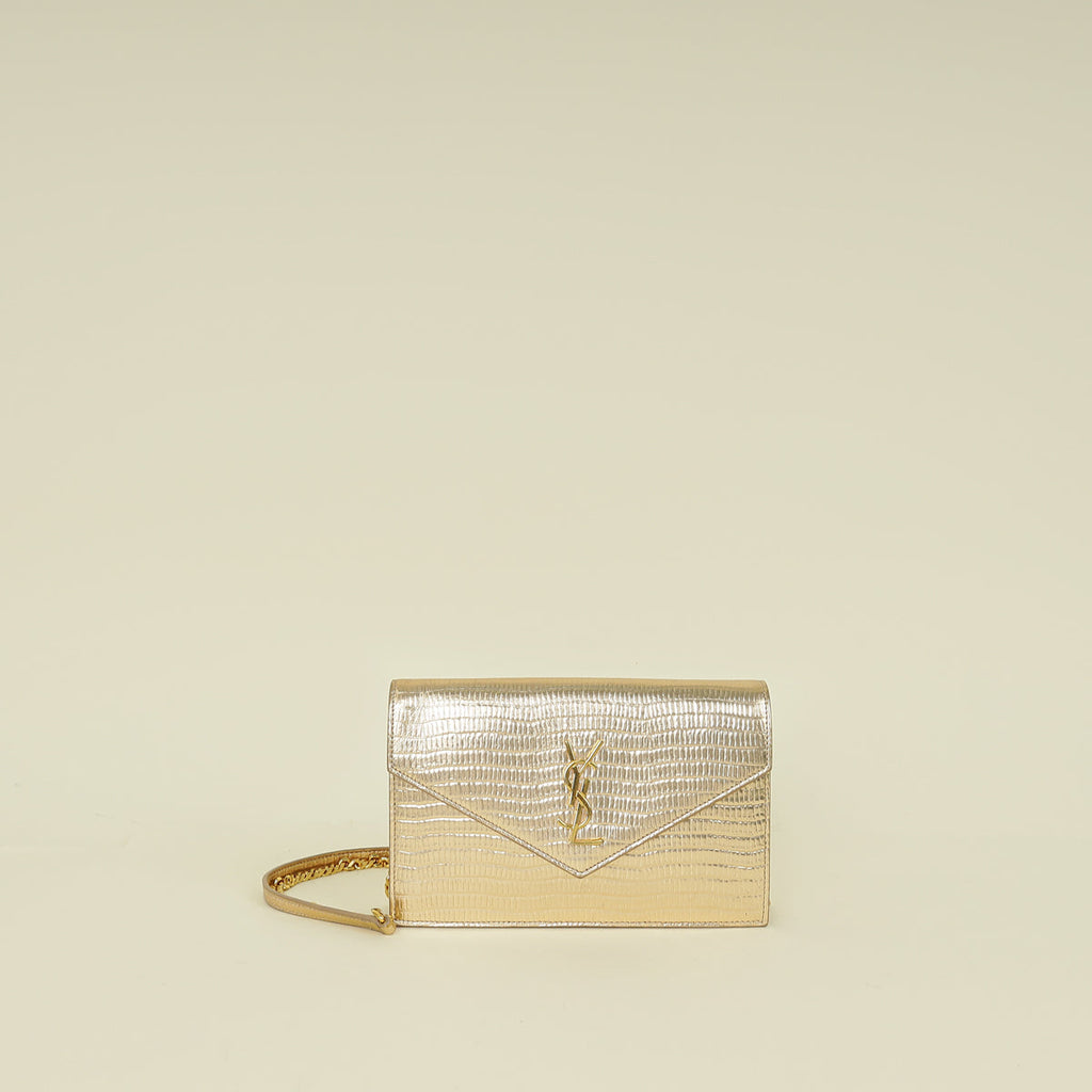 YSL Gold Uptown Lizard Embossed Wallet On Chain