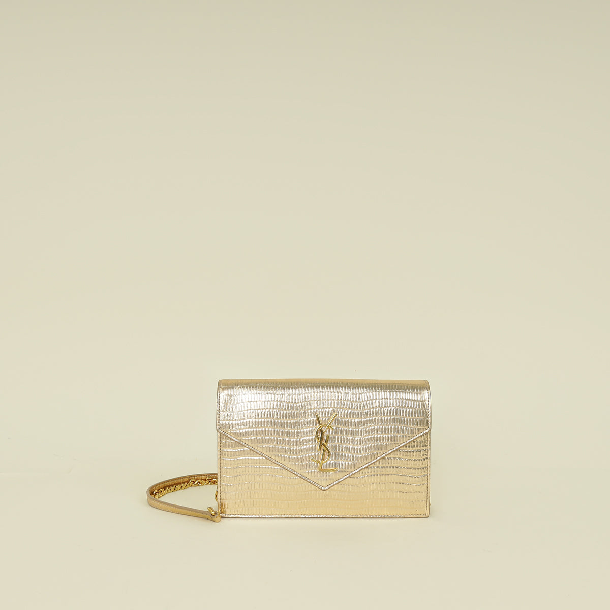 YSL Gold Uptown Lizard Embossed Wallet On Chain