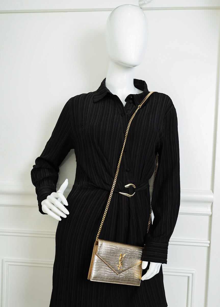 YSL Gold Uptown Lizard Embossed Wallet On Chain