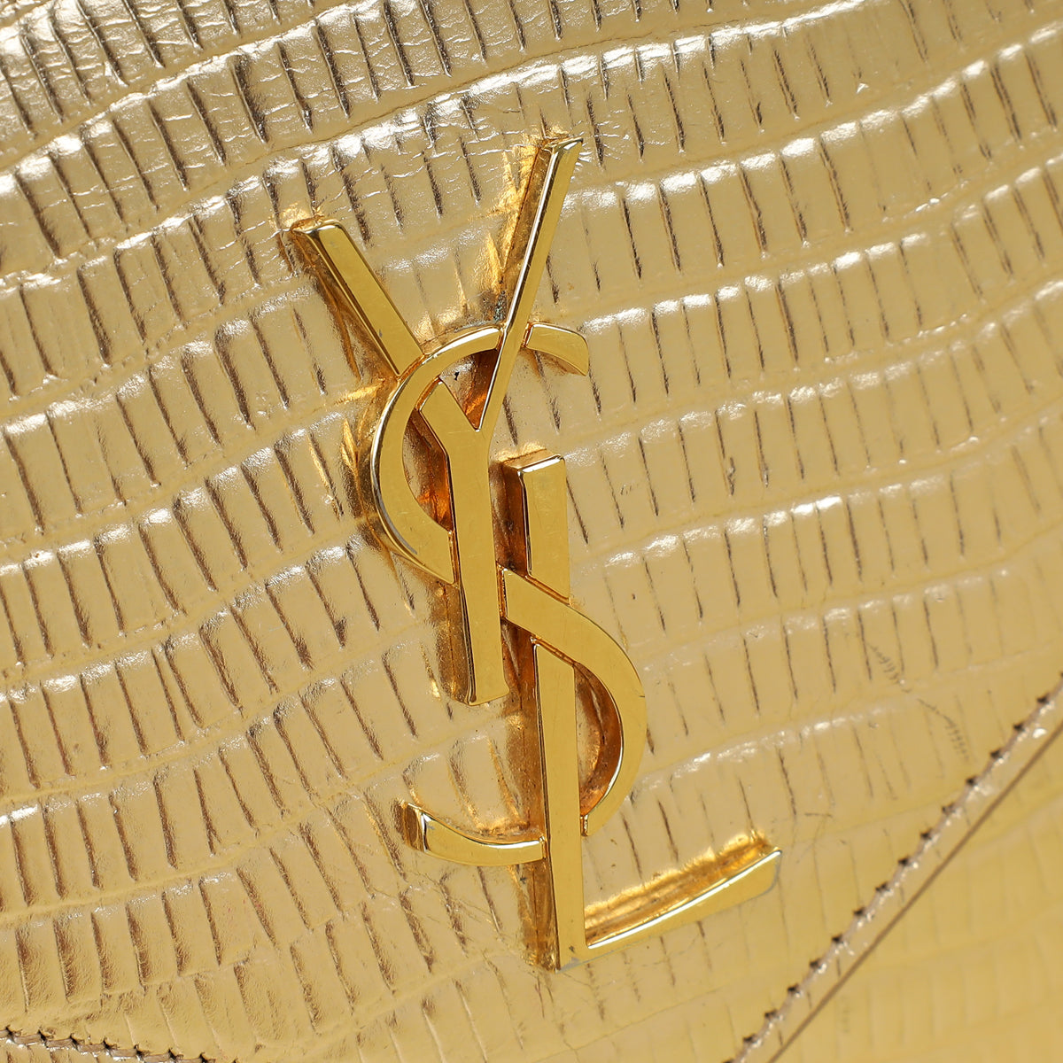 YSL Gold Uptown Lizard Embossed Wallet On Chain
