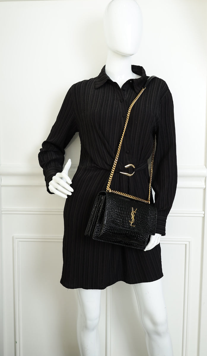 YSL Black Sunset Medium Croco Embossed Shoulder Bag