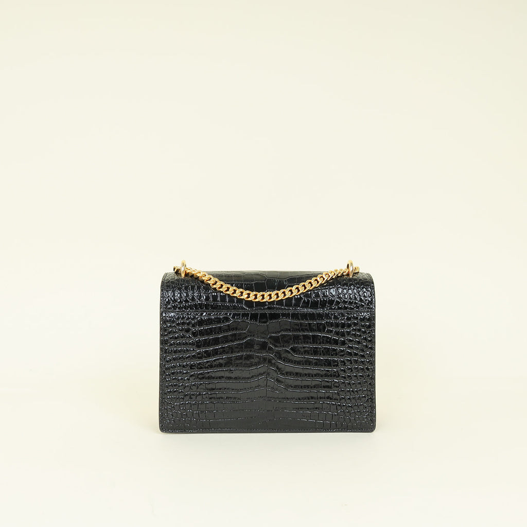 YSL Black Sunset Medium Croco Embossed Shoulder Bag