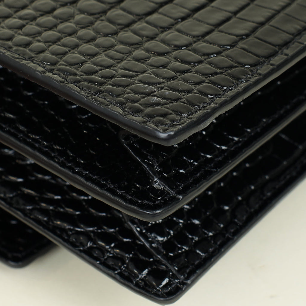 YSL Black Sunset Medium Croco Embossed Shoulder Bag
