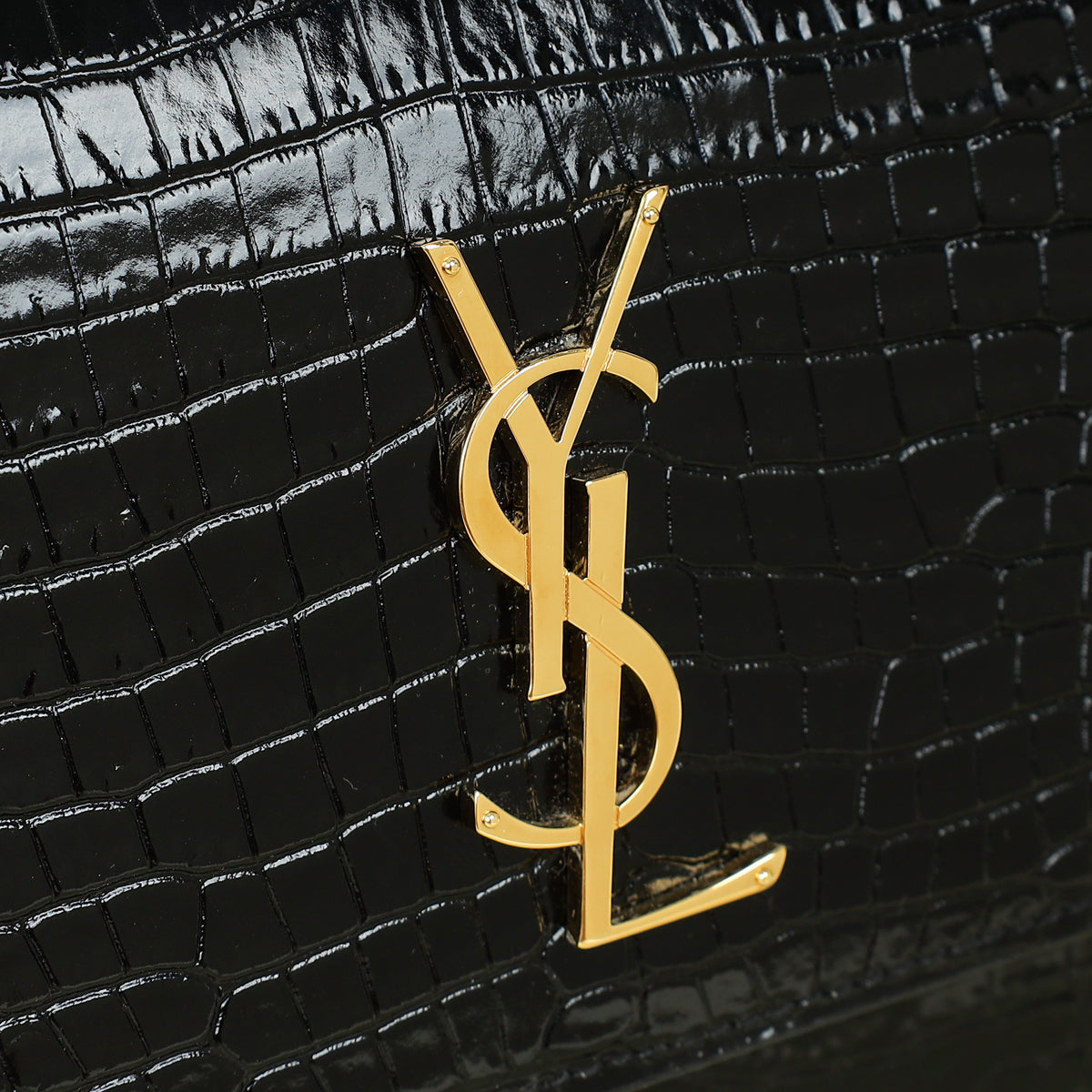YSL Black Sunset Medium Croco Embossed Shoulder Bag
