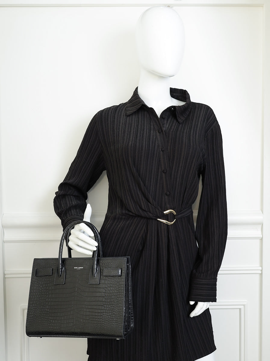 YSL Black Sac De Jour Baby Croco Embossed Bag